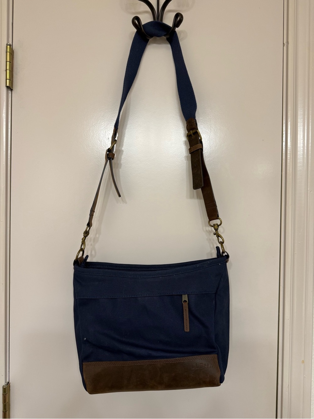 L.L. Bean Stonington Navy Canvas Crossbody with Brown Leather Trim